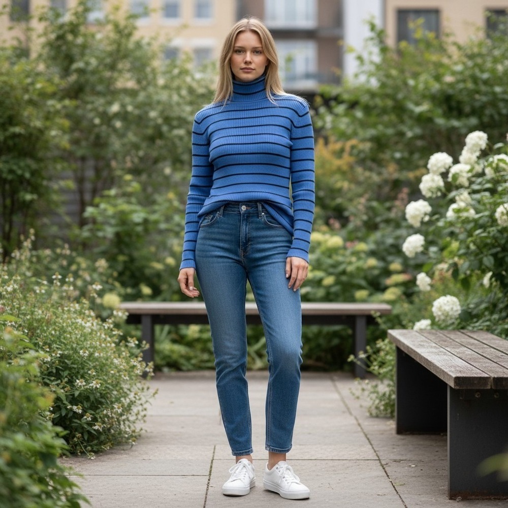 Kim Rogers Blue Striped Ribbed Turtleneck Pullover Sweater Women Small Cotton